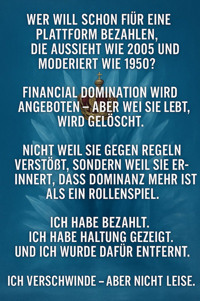 onlyIcegoddess's tweet photo. Viele BDSM-Plattformen kassieren Geld – für Sichtbarkeit, Profilfunktionen, Community.
Aber wehe, eine Frau lebt Dominanz ernsthaft: Tribut? Gestrichen. Grenzen? Zensiert. Klare Preise? „Unanständig“.
Dominanz ja – aber bitte nicht echt.
#Findom #BDSM #Sexarbeit #Doppelmoral https://t.co/jDkAGGu9oL