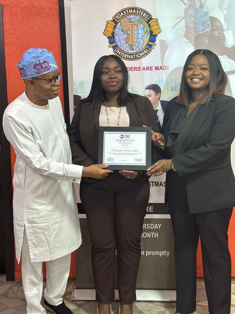 Certificate of Appreciation Presented to TM Bunmi Ajao, the outgoing Treasurer.

Certificate presented by the Charter President, Distinguish Toastmaster Lere Baale and the outgoing President, TM Bukola Ayeni.

Congratulations and thank you for your service 🥳🥳🥳🥳