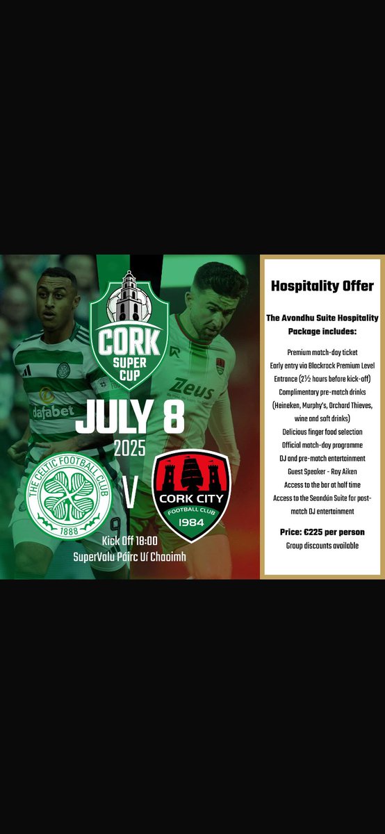 Paul Byrne (@paulbyrne_1) on Twitter photo With just over a week to go to the #CorkSuperCup, there are still lots of amazing packages on offer to watch Celtic take on <a href="/CorkCityFC/">Cork City FC</a> at <a href="/PaircUiCha0imh/">SuperValu Páirc Uà Chaoimh</a>
From the terrace to corporate July 8th is going to be amazing
ticketmaster.ie/event/18006259… With just over a week to go to the #CorkSuperCup, there are still lots of amazing packages on offer to watch Celtic take on <a href="/CorkCityFC/">Cork City FC</a> at <a href="/PaircUiCha0imh/">SuperValu Páirc Uà Chaoimh</a>
From the terrace to corporate July 8th is going to be amazing
ticketmaster.ie/event/18006259…