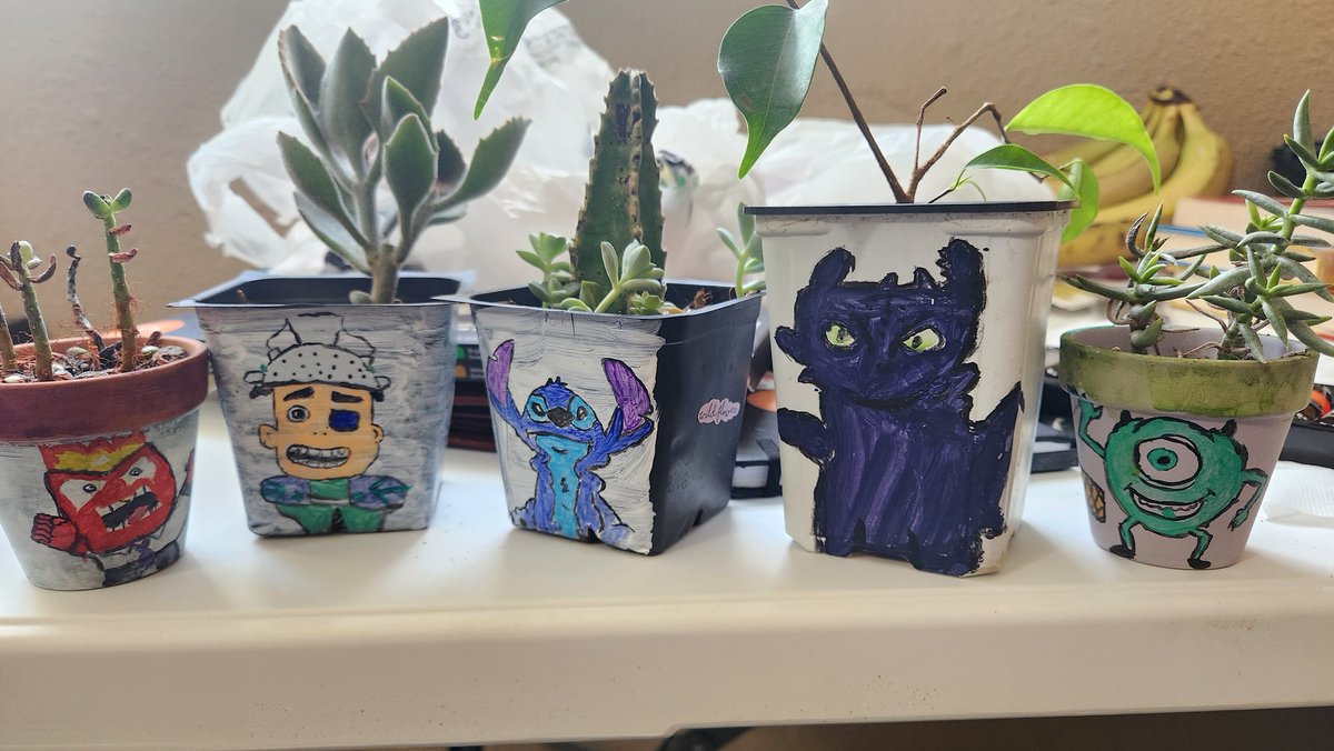I decided to paint my plants with some of my favourite movie characters.
Guess which movies I saw recently...
