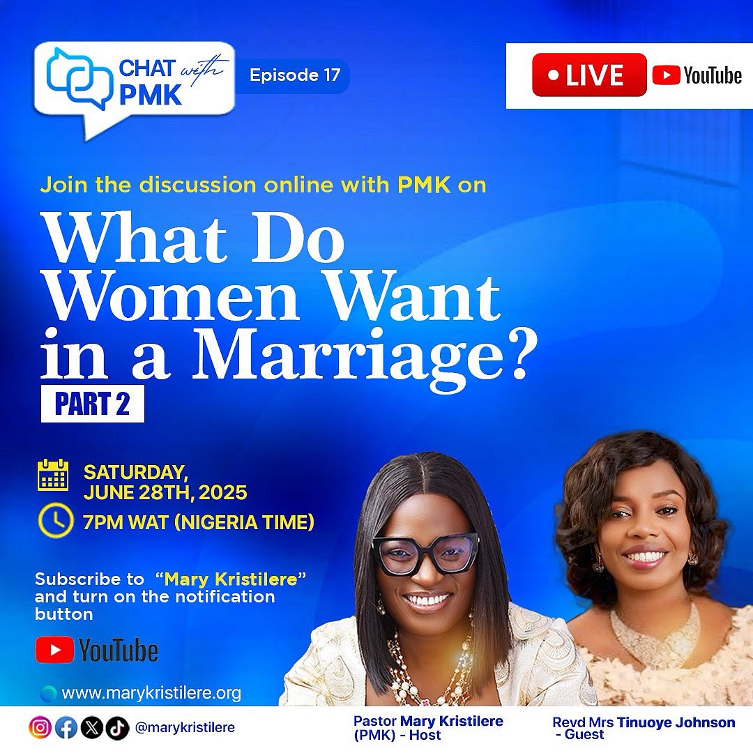 marykristilere's tweet photo. Join PMK and Rev Tinuoye for an inspiring conversation today, Saturday, June 28th, 2025 at 7PM WAT (Nigeria Time).
📺 LIVE on YouTube: Subscribe to “Mary Kristilere” and turn on notifications!
https://t.co/6KVU0izjsJ
#PMK #ChatwithPMK https://t.co/yWyA8x1RFW