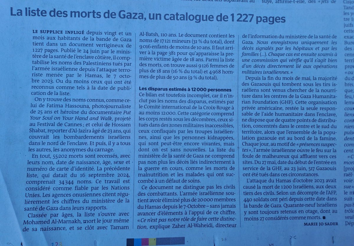 Au 24 juin 2025 : 55.202 palestiniens ont été tués par Israël et 12.000 sont portés disparus. 
Le plus jeune à été tué le jour de sa naissance,  le plus âgé avait 110 ans. #FreePalestina