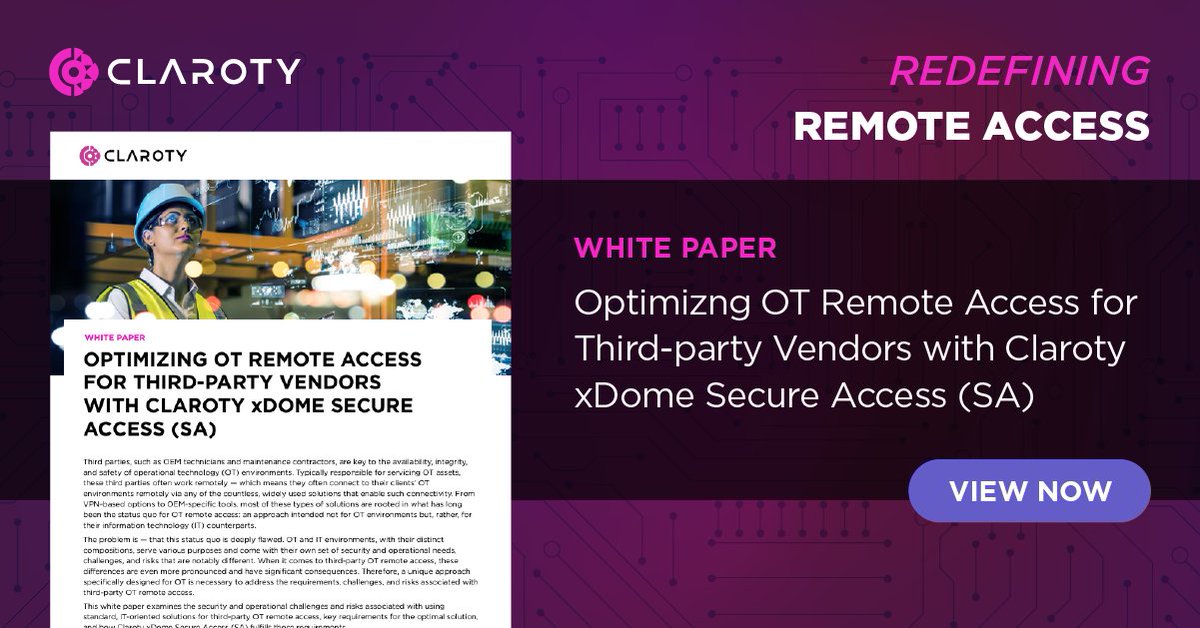 Claroty's tweet image. xDome #SecureAccess enables organizations to reduce their MTTR, minimize the cost and complexity for #OT remote access, and maintain accountability and compliance with regulatory requirements. 📄 Learn more: hubs.li/Q03t-l9M0