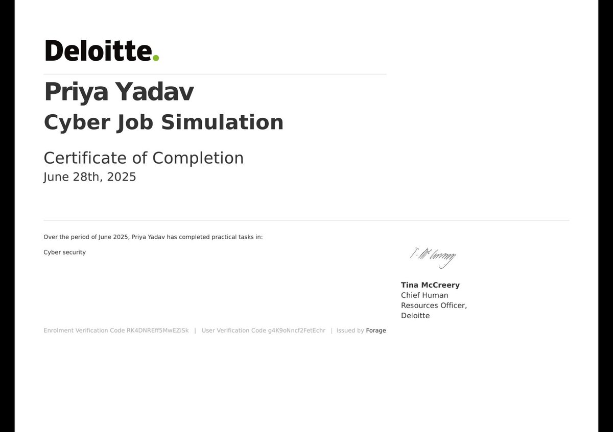 detective1703's tweet photo. Hey Everyone!!
I just completed Deloitte Australia's Cyber on Forage. In the simulation I:
1.Completed a job simulation involving reading web activity logs
2.Supported a client in a cyber security breach
3.Answered questions to identify suspicious user activity https://t.co/Ic1KwojXDp