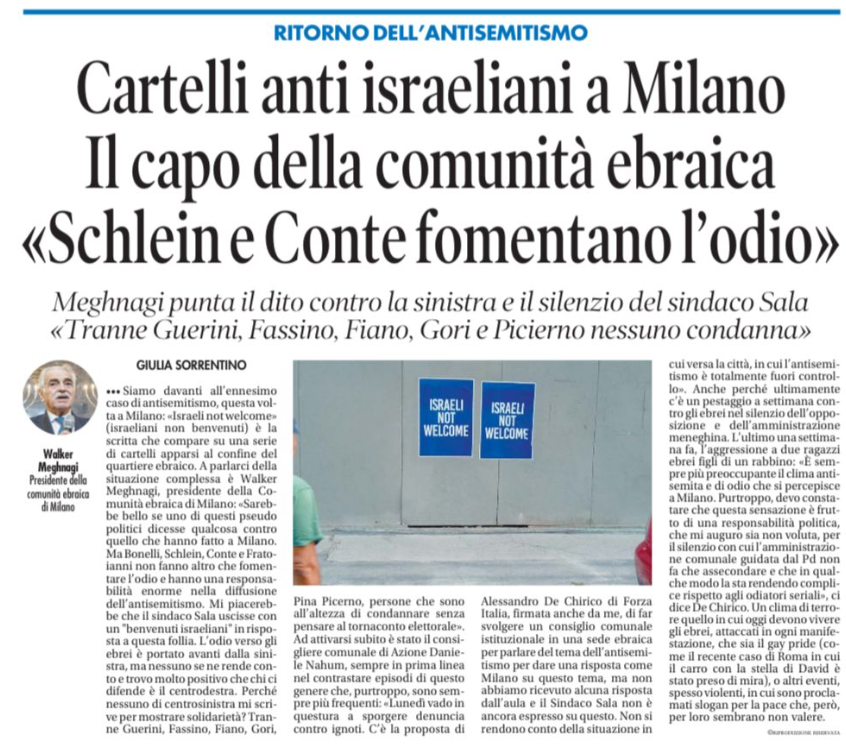 GiulioTerzi's tweet photo. Cartelli anti israeliani a Milano. Il capo della comunità ebraica "Schlein e Conte fomentano l'odio".
Meghnagipunta il dito contro la sinistra e il silenzio del Sindaco Sala. @tempoweb 
@FratellidItalia @fdieuropa @NOantisemitismo @MosaicoCEM @ucei_it @Italia_Israele @ItaliaIsraeleSv @NirensteinF @FightExtremism @theglobalnewsit @theglobalnewsit