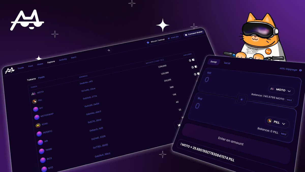 Motoswap's tweet image. NativeSwap is back - with a major Motoswap upgrade 🐈‍⬛🛵

What’s NEW?!

🟣 Refreshed UI &amp;amp; UX
🟣 New Token Explorer 
🟣 Native BTC ↔ OP_20 swaps

Native Bitcoin DeFi, the way it should be.