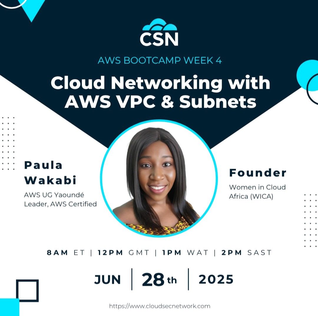 cloudsecnetwork's tweet photo. Week 4 of the AWS Cloud Bootcamp Completed!
Stay tuned!
#csn #awsbootcamp #cloud https://t.co/Y2xX1hCO7N