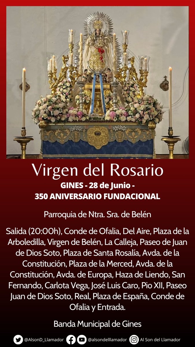 Al Son del Llamador (@alsondllamador) on Twitter photo 🔴 Agenda del #AljarafeCofrade hoy:
- Procesión del Patrón San Juan Bautista y el Corpus de <a href="/HdadSJBautista/">Hermandad Sacramental de San Juan Bautista</a>, con <a href="/MaestroTejera/">Maestro Tejera</a>.
- Corpus Extraordinario de <a href="/Hdad_SanJose/">Hermandad Sacramental de San José</a>, con <a href="/BandadeCoria/">BM Coria del Río</a>.
- Sagrado Corazón y la Antigua de Almensilla.
- Extraordinaria de <a href="/RosarioGines_/">Hdad Rosario Gines</a>. 🔴 Agenda del #AljarafeCofrade hoy:
- Procesión del Patrón San Juan Bautista y el Corpus de <a href="/HdadSJBautista/">Hermandad Sacramental de San Juan Bautista</a>, con <a href="/MaestroTejera/">Maestro Tejera</a>.
- Corpus Extraordinario de <a href="/Hdad_SanJose/">Hermandad Sacramental de San José</a>, con <a href="/BandadeCoria/">BM Coria del Río</a>.
- Sagrado Corazón y la Antigua de Almensilla.
- Extraordinaria de <a href="/RosarioGines_/">Hdad Rosario Gines</a>.