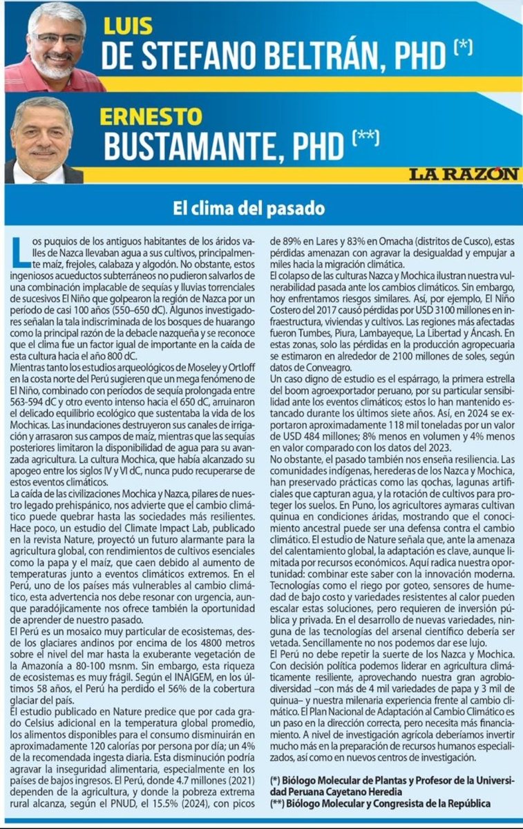 LuisDeStefano's tweet image. Nuestra columna de hoy 28/6/2025 publicada en La Razón 

El Clima del Pasado 

Luis De Stefano Beltrán, PhD (*) y Ernesto Bustamante, PhD (**)

Los puquios de los antiguos habitantes de los áridos valles de Nazca que llevaban agua a sus cultivos, principalmente maíz, frejoles,…