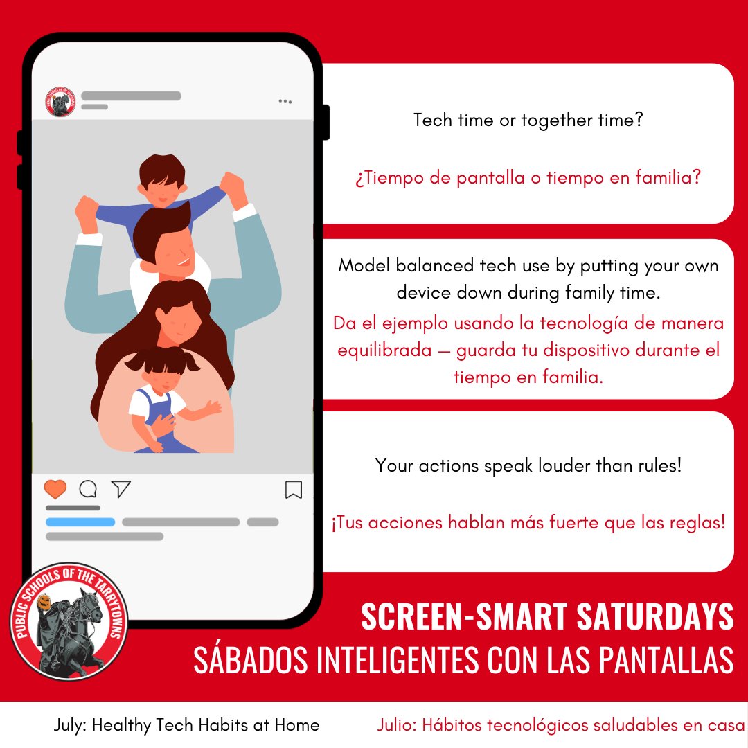 ufsdtarrytowns's tweet photo. Tech time or together time? 🤳
Model balanced tech use by putting your own device down during family time. 👨‍👩‍👧‍👦
Your actions speak louder than rules! 📣
#ScreenSmartSaturdays https://t.co/LOjD2TgpgU