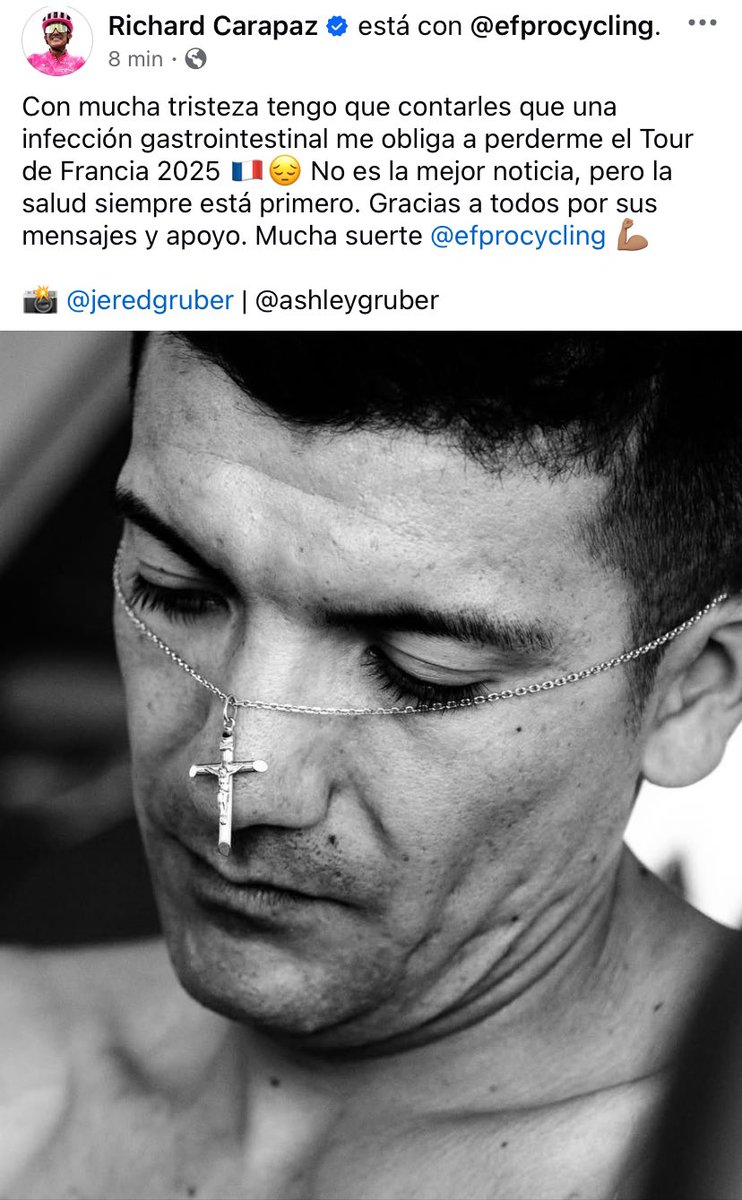 #ATENCIÓN

¡ #RichardCarapaz se queda fuera del #TourDeFrancia!

El ciclista ecuatoriano acaba de anunciar en sus cuentas en redes sociales que sufrió una infección gastrointestinal. 

Priorizará su salud antes que la participación en el tour francés 2025.