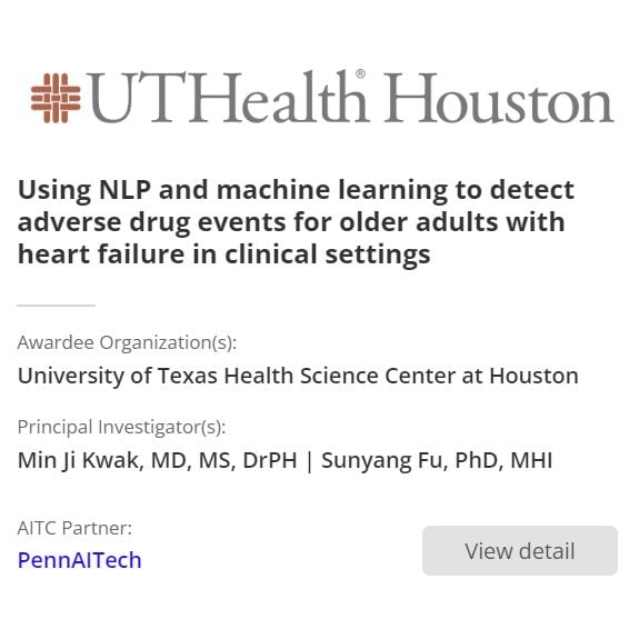 a2 Collective #awardee @uthealthhouston is piloting AI tools to detect adverse drug events in older adults with heart failure using NLP and machine learning. Led by Min Ji Kwak and Sunyang Fu with <a href="/pennaitech/">PennAITech</a>. #cohort4 #AI #nlp #healthyaging a2collective.ai/awardees/unive…