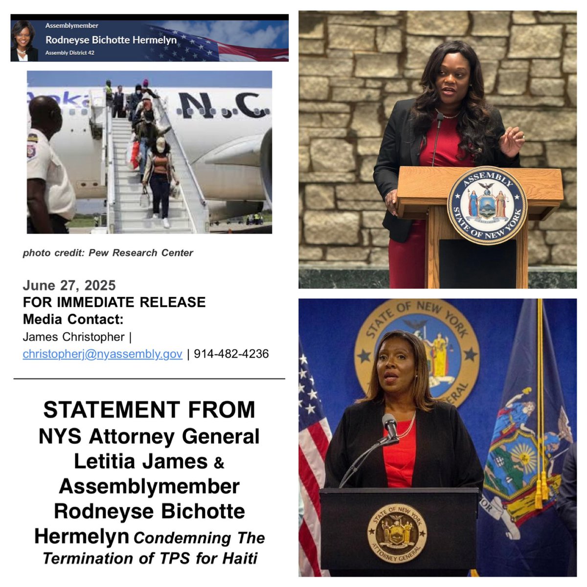 NYSBichotteHerm's tweet image. STATEMENT FROM
NYS Attorney General Letitia James &
Assemblymember Rodneyse Bichotte Hermelyn
Condemning The Termination of TPS for Haiti
I am devastated by this cruel and ill-timed decision, and my eyes are welling with tears for the thousands of Haitian families who will be…