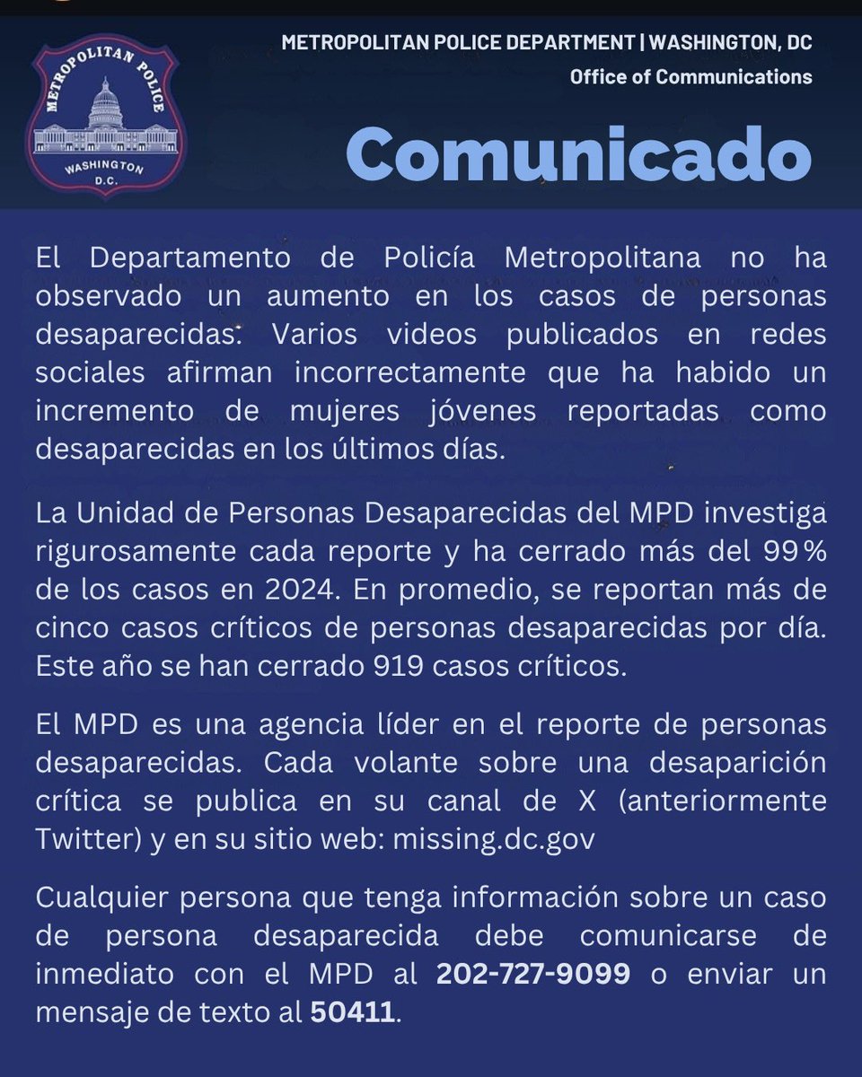 Una declaración del Departamento de Policía Metropolitana en respuesta a la desinformación publicada recientemente en redes sociales.