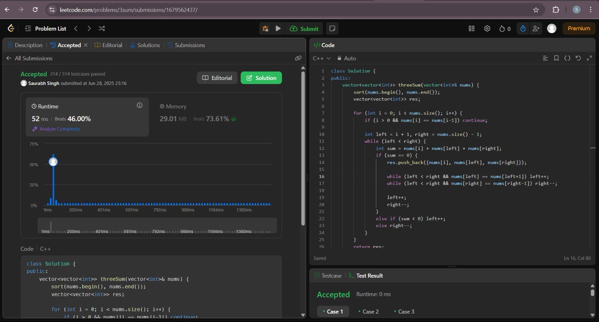 ByteSaurabh's tweet image. Day 8 🚀 LeetCode 15: 3Sum
Sort + 2 pointer technique 🔥
Time: O(n²)
Avoid duplicates while fixing i, left, right
Classic placement DP/DSA favourite 👌
#LeetCode #3Sum #dsa2025 #dsa