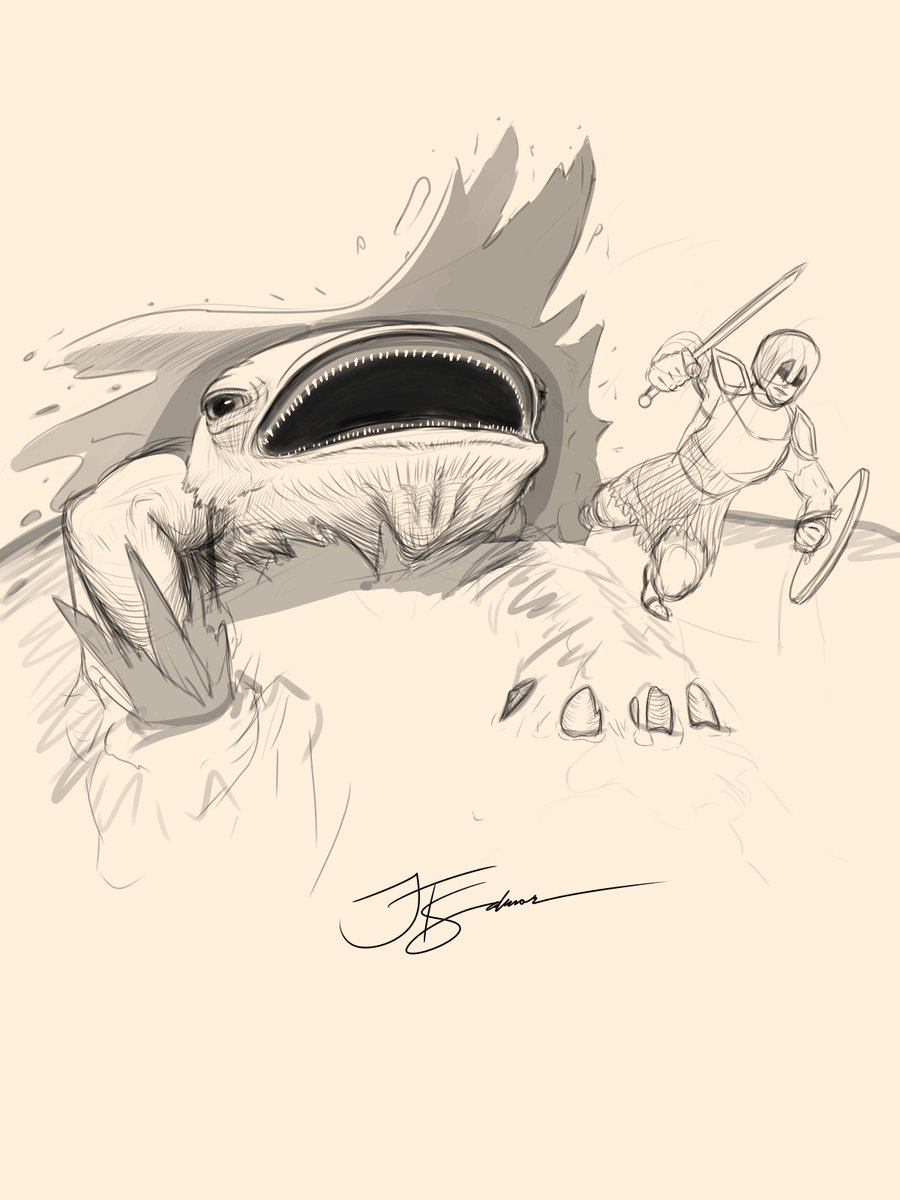 jt_salmon's tweet image. Sand dragons are fierce beasts, dwelling just bellow the sand until a lonely victim comes their way. In the night, the fully emerge, and are far more aggressive in their hunting tactics. They&apos;re a fearsome foe in the deserts of Lagosan.

#conceptart #IndieAuthor #sketchart