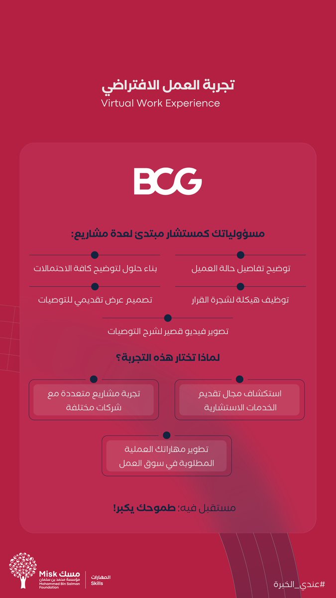 مسك المهارات | Misk Skills (@miskskills) on Twitter photo مع <a href="/BCG/">Boston Consulting Group</a> تصنع المعجزات!
في برنامج «تجربة العمل الافتراضي» من مسك؛ لتقولها بكل ثقة #عندي_الخبرة في الاستشارة.
سجّل الآن:
hub.misk.org.sa/ar/programs/sk… مع <a href="/BCG/">Boston Consulting Group</a> تصنع المعجزات!
في برنامج «تجربة العمل الافتراضي» من مسك؛ لتقولها بكل ثقة #عندي_الخبرة في الاستشارة.
سجّل الآن:
hub.misk.org.sa/ar/programs/sk…
