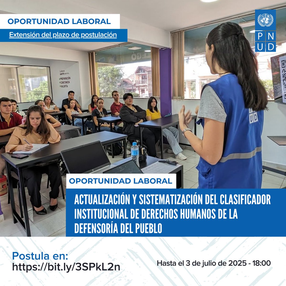 🔈 Extensión del plazo de postulación | Invitamos a todas las personas interesadas a postularse a la #consultoría 

Consulta todos los detalles de la #convocatoria en el siguiente enlace:
👉🏾 bit.ly/3SPkL2n
🗓️ Postúlate hasta el 3 de julio de 2025 - 18:00 hrs.