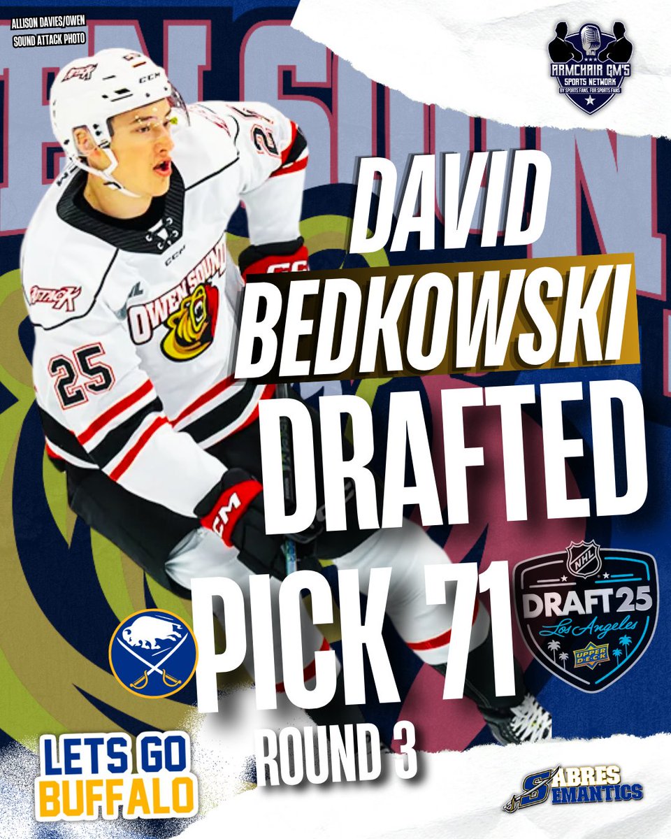 The Buffalo #Sabres have selected Owen Sound Attack defenceman David Bedkowski in the third round of the 2025 #NHLDraft.

The 6'5, right-shot bruiser had 7 points in 35 games with the Attack, after being acquired from Oshawa last #OHL season.

#AlwaysAttack #Sabrehood