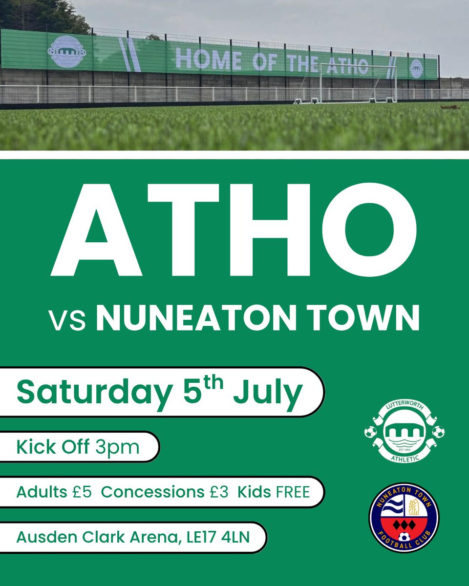 LUTTERWORTH ATHLETIC FC (@lutterworthafc) on Twitter photo π’π‘π πͺπππ π§π’ ππ’ β½οΈπ
Next Saturday (July 5th), we welcome <a href="/NuneatonTFC/">Nuneaton Town FC</a> for our first home pre-season friendly!
π
Sat 5 July
β° 3pm Kick Off
π Ausden Clark Arena, LE17 4LN
π Adults Β£5, Concessions Β£3, Kids Free
πΊ Bar/Kitchen Open (Cashless - Card Only)
#UpTheAtho π’π‘π πͺπππ π§π’ ππ’ β½οΈπ
Next Saturday (July 5th), we welcome <a href="/NuneatonTFC/">Nuneaton Town FC</a> for our first home pre-season friendly!
π
Sat 5 July
β° 3pm Kick Off
π Ausden Clark Arena, LE17 4LN
π Adults Β£5, Concessions Β£3, Kids Free
πΊ Bar/Kitchen Open (Cashless - Card Only)
#UpTheAtho