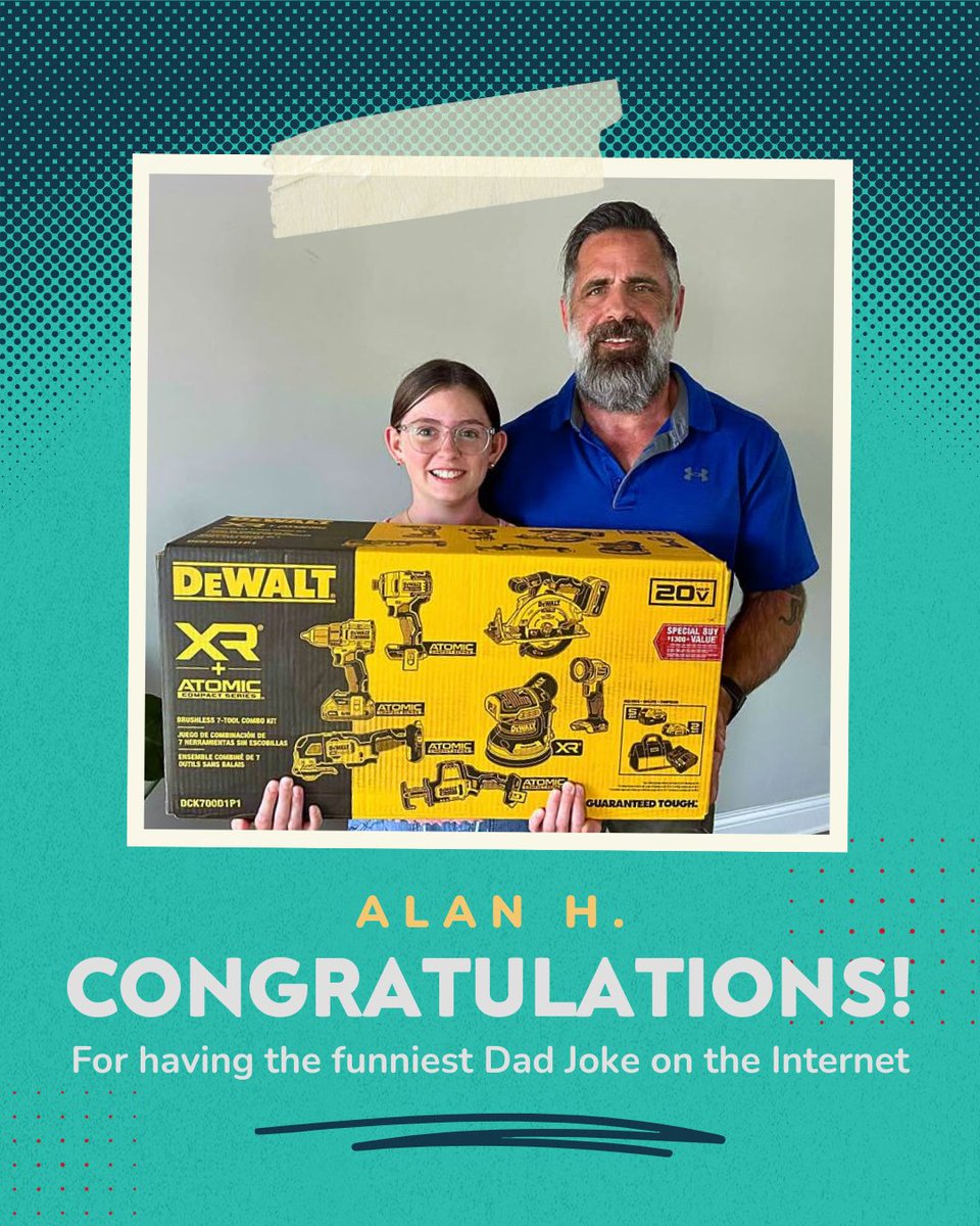Sharing and Celebrating our Fathers Day Giveaway winners!

Here's Alan and his daughter, holding his brand new cordless tool set! 💪⚒️
So many projects to start now! LOL

Thank you to everyone who participated!
What game / giveaway should we do next? 🎮🎲

#prize #winner
