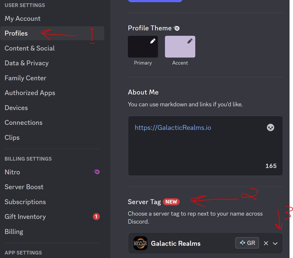 Claim Your Galactic Realms tag on Discord!

Go to User Settings > Profiles and follow the steps in the picture below.

Those who bear the tag carry a fragment of the Forgotten Nexus.

Survive... or be Forgotten: discord.com/invite/galacti…