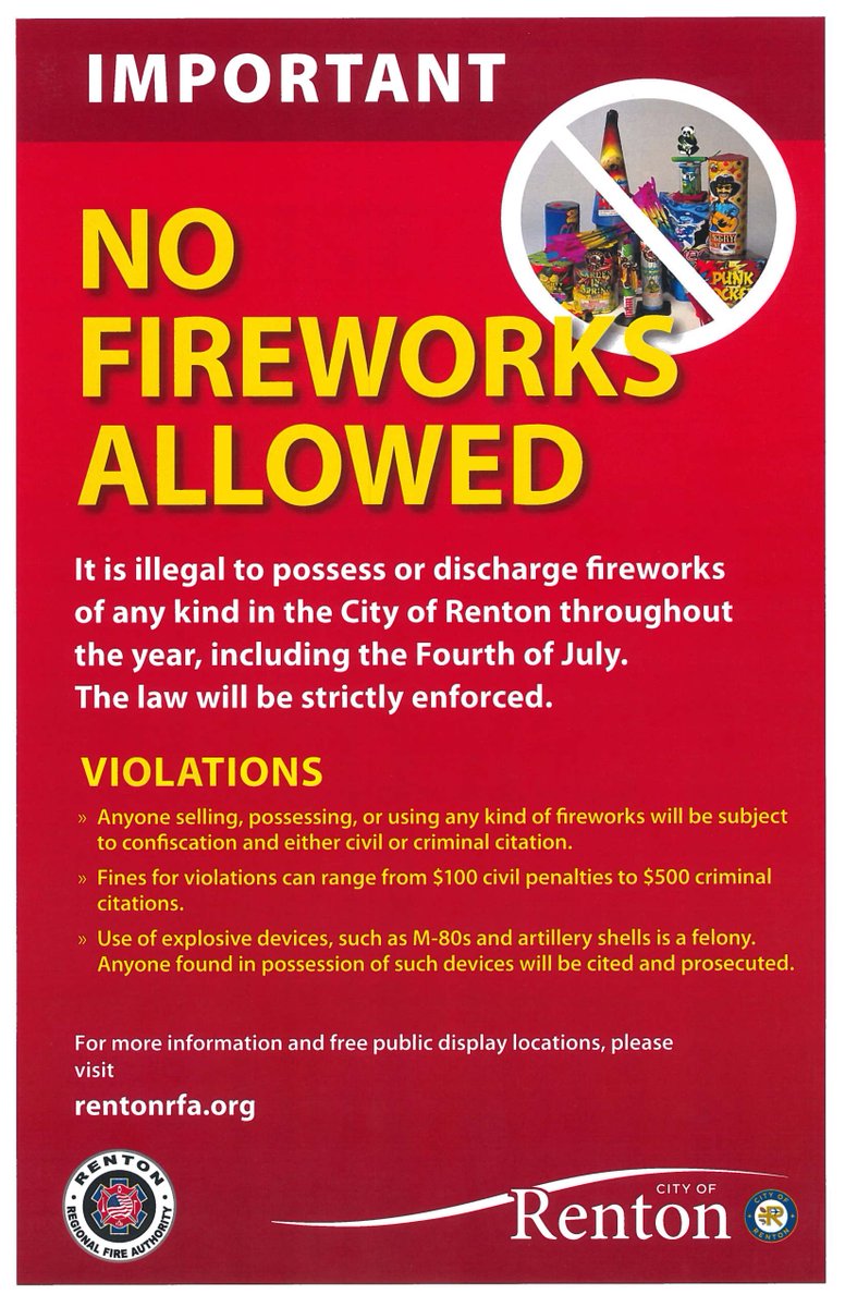 Just a friendly reminder that fireworks have been prohibited in the City of Renton since May 2005 and in Unincorporated King County since 2022. Stay tuned for more safety information and tips for the upcoming holiday. #CelebrateSafely