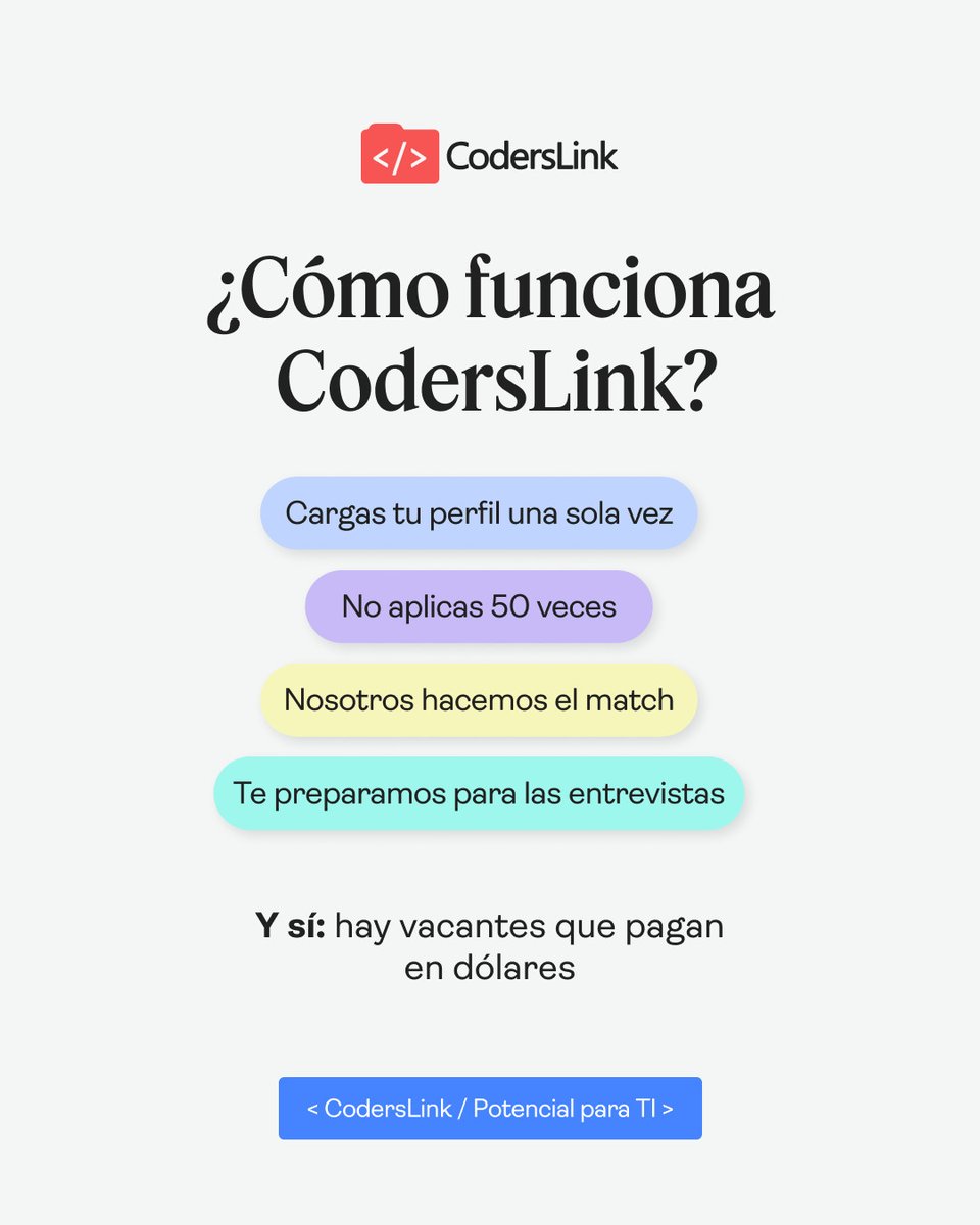 coderslink's tweet image. Con CodersLink, postúlate una vez, recibes oportunidades y te acompañamos todo el camino.📩 

Empieza hoy 👉 bit.ly/4iVWT7G