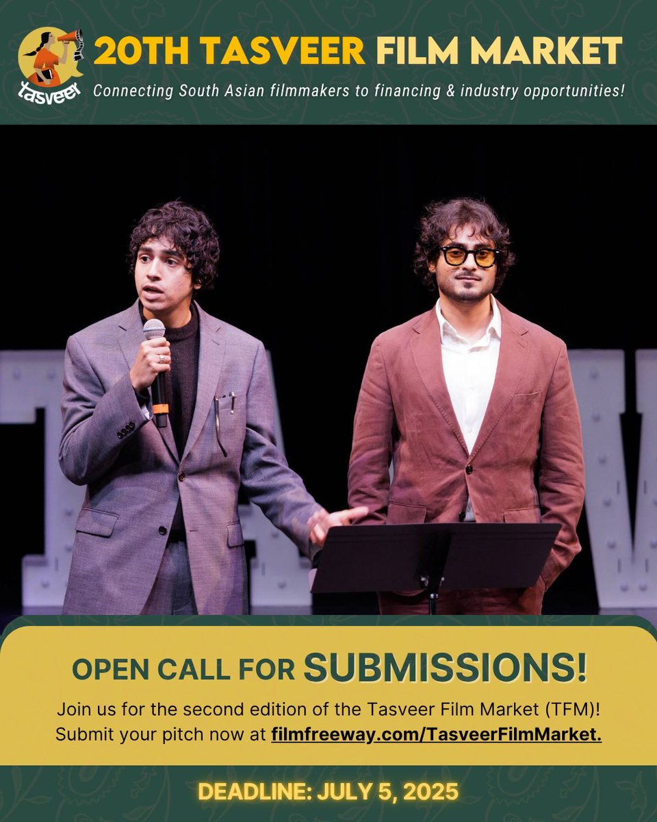 South Asian filmmakers—TFM 2025 is calling! 🎥💸
Pitch to investors, studios &amp; producers this fall at the Tasveer Film Market.
Get mentorship, pitch training &amp; curated meetings.

🚨 Deadline: July 5
Apply now: filmfreeway.com/TasveerFilmMar…
#TFM2025 #SouthAsianFilm #IndieFilm #FilmFund