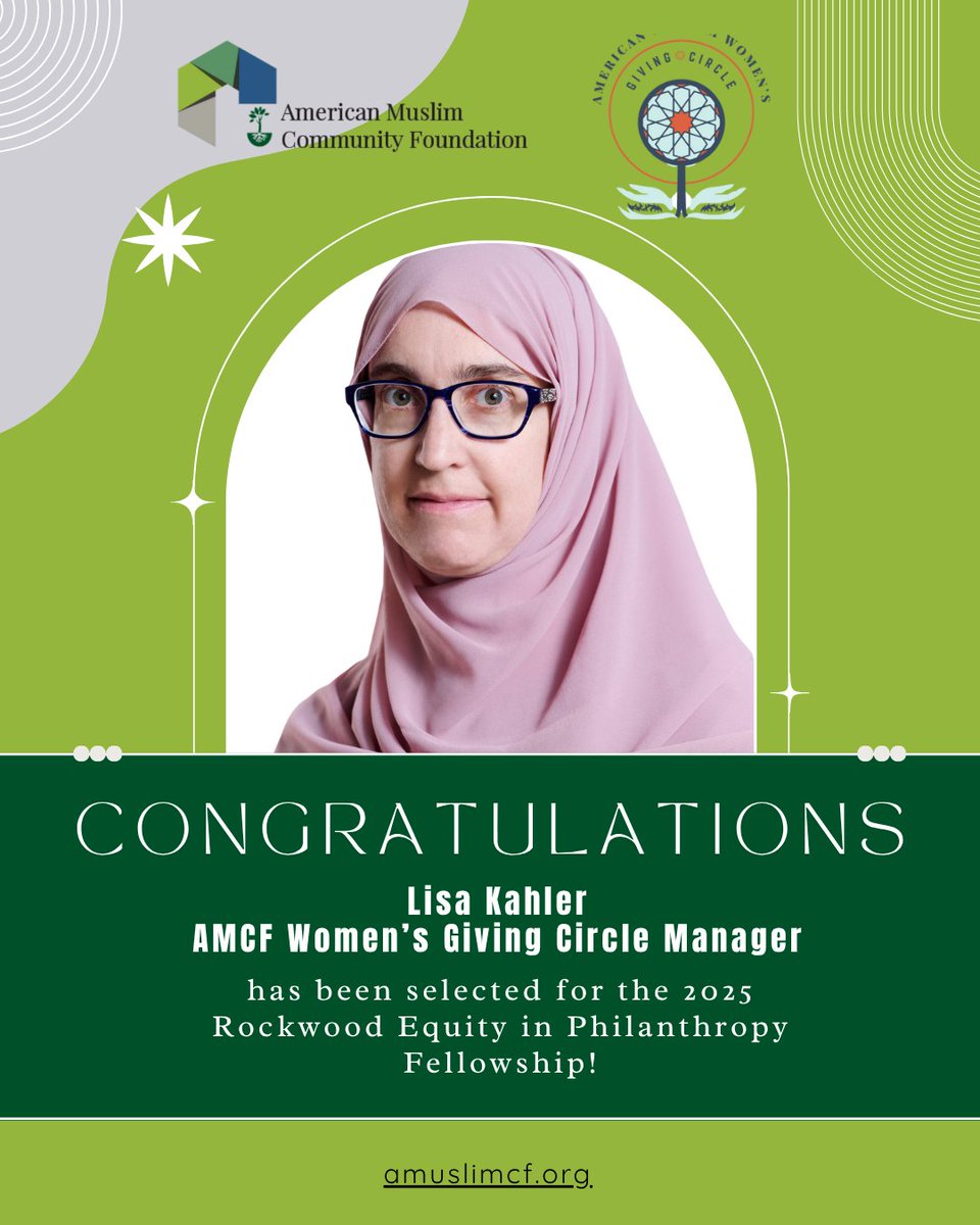 Lisa Kahler, AMCF Women’s Giving Circle Manager, has been selected for the 2025 Rockwood Equity in Philanthropy Fellowship! 🎉

Join us in celebrating this incredible milestone in her leadership journey. 👏

#AMCF #EquityInPhilanthropy #MuslimWomenLead #RockwoodFellowship