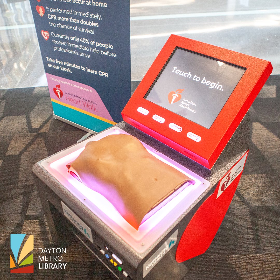 Don’t forget to visit the Hands-Only CPR Training Kiosk at the Main Library! Learn how to save a life in just 90 seconds—quick, easy, and free. Thanks to the American Heart Association and Kettering Health! 
 Heart.org/HandsOnlyCPR 

#HandsOnlyCPR #DaytonMetroLibrary