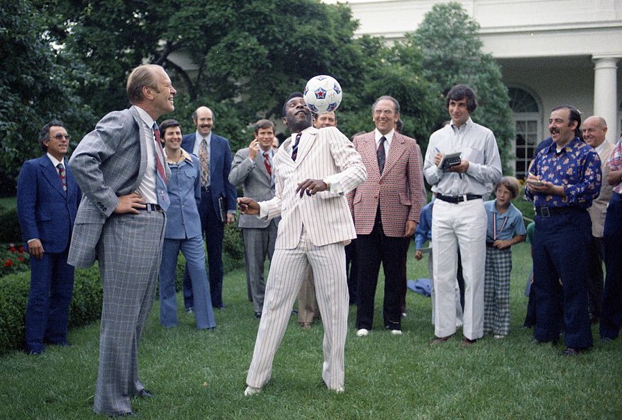 Soccer superstar Pele visits the White House and kicks around with President Ford.