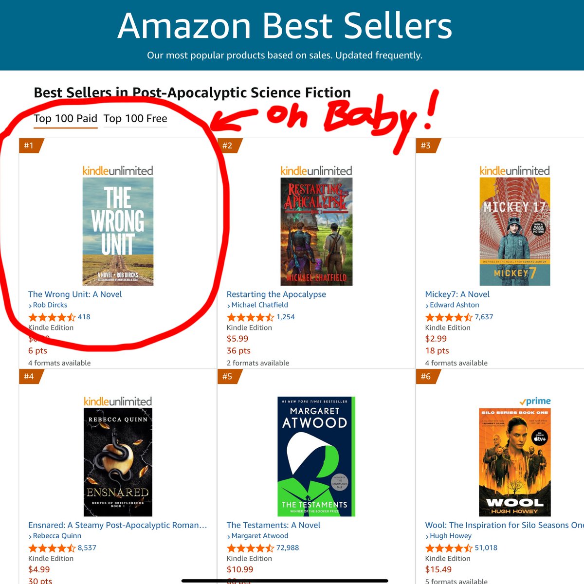 Thanks to scoring a coveted BookBub Featured Deal, The Wrong Unit popped to number one in Post-Apocalyptic Sci-fi! There's still one day left in the deal! >>> rob.cm/unit <<<