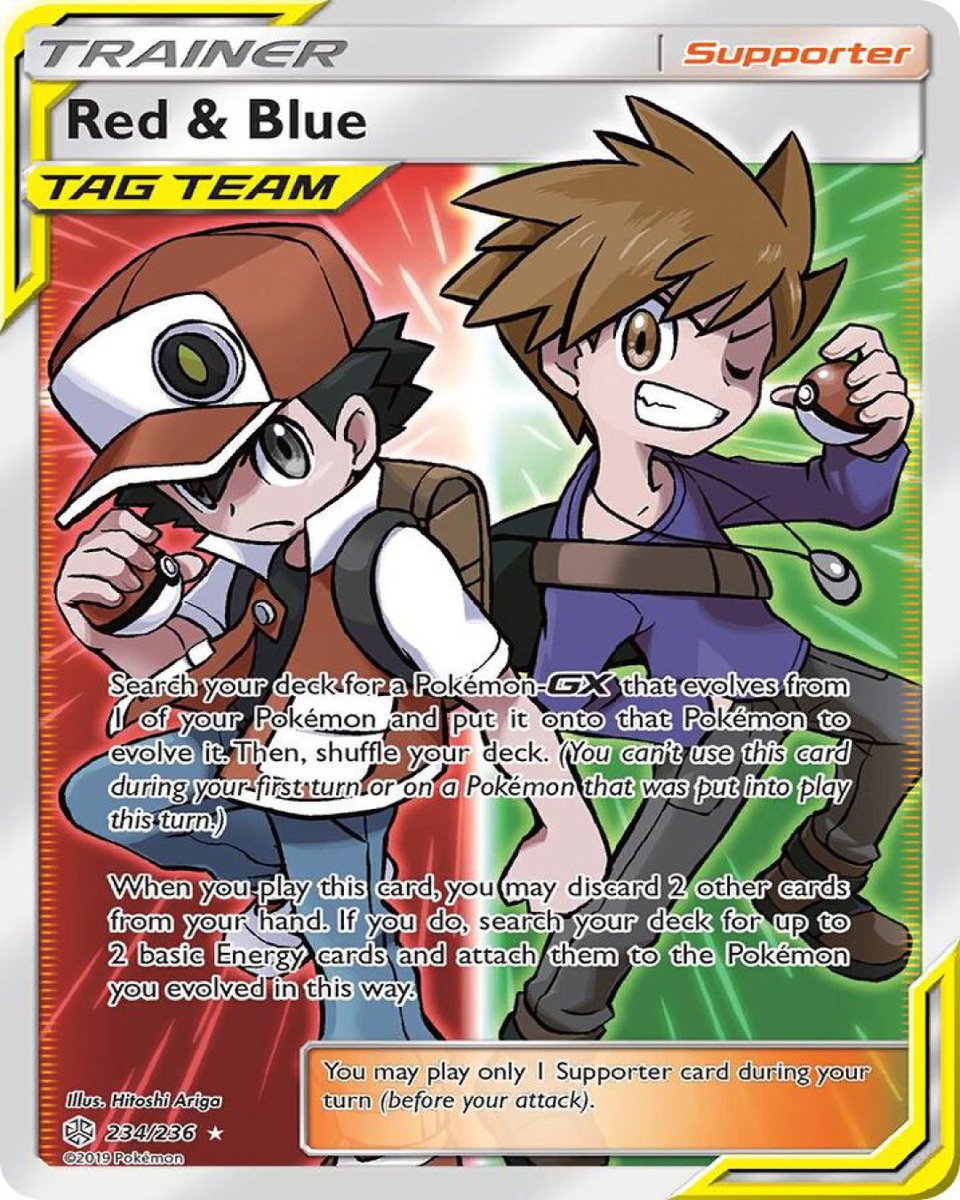 Favorite Card Of the Day!! 🔥 Red &amp; Blue (Full Art) from Cosmic Eclipse is my Card of the Day! ~$93.21, Ultra Rare. Love Blue &amp; the chibi art! 😍 Evolve to a Pokémon-GX, discard 2 cards to add 2 Energy. Great for Charizard-GX decks! Your fave? 👇 #PokemonTCG