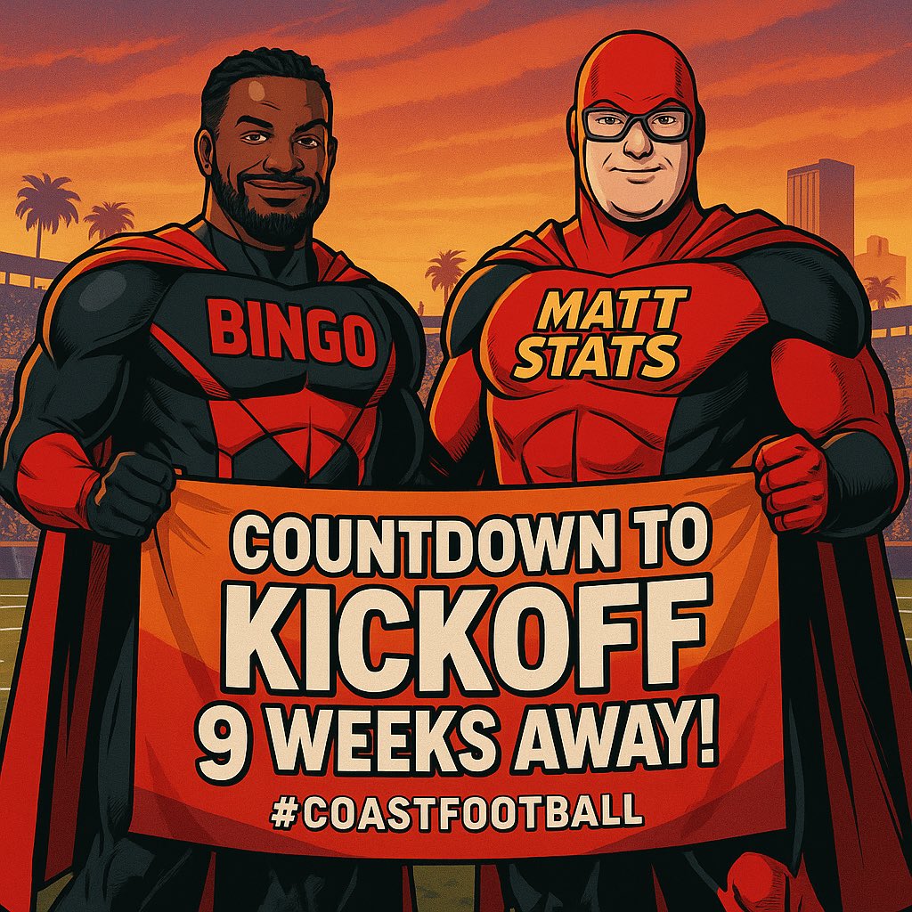 🚨 Incoming Transmission from the Gridiron Galaxy! 🚨

With 9 weeks ’til kickoff on August 29, the Coast is about to get BLASTED with more stats, stories, and smack talk than a Friday night sideline!

Enter Bingo &amp; Matt Stats — two heroic minds with too much info and not enough