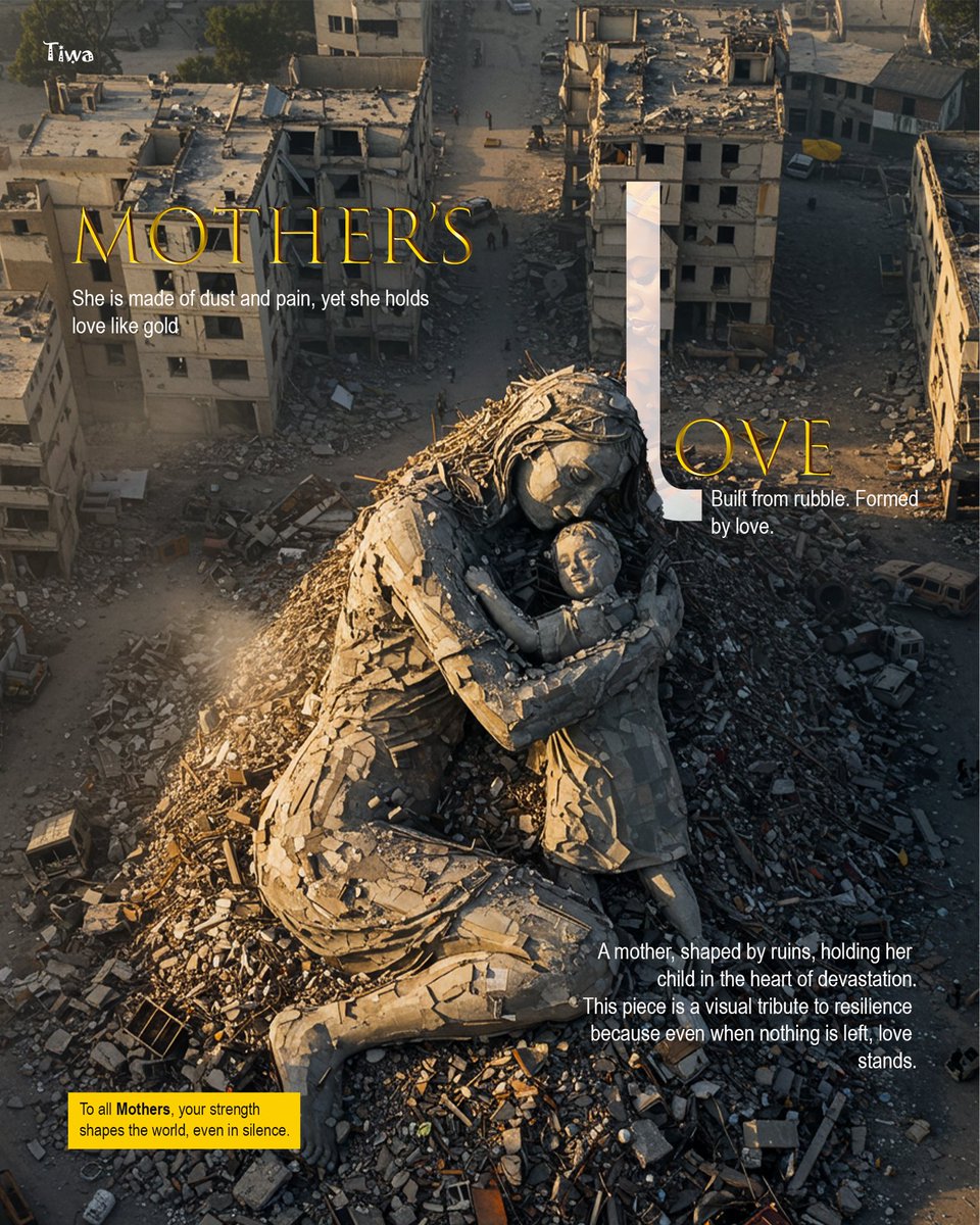 Akintajutiwa's tweet image. I made this from a single thought:

“What if love could rise from ruins?”
She’s not sculpted. She’s imagined.
My creativity, her strength.

A tribute to every mother who becomes home in the chaos.
#CreativeDirection #MothersEveryday
#GraphicDesign #flyer