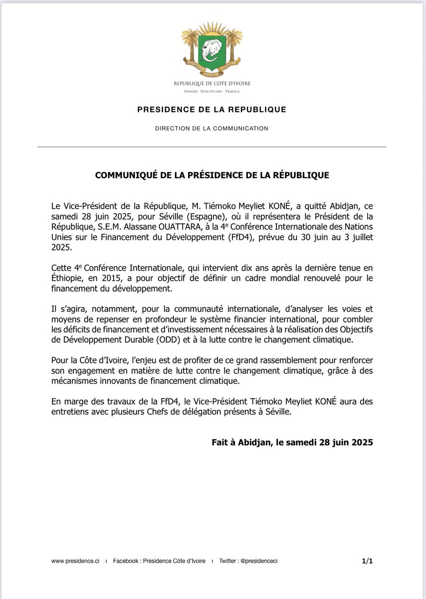 Presidenceci's tweet photo. Ci-dessous, le Communiqué relatif au départ du Vice-Président  Tiémoko Meyliet KONÉ pour Séville, ce samedi 28 juin⤵️ https://t.co/TPJrqqdP7g