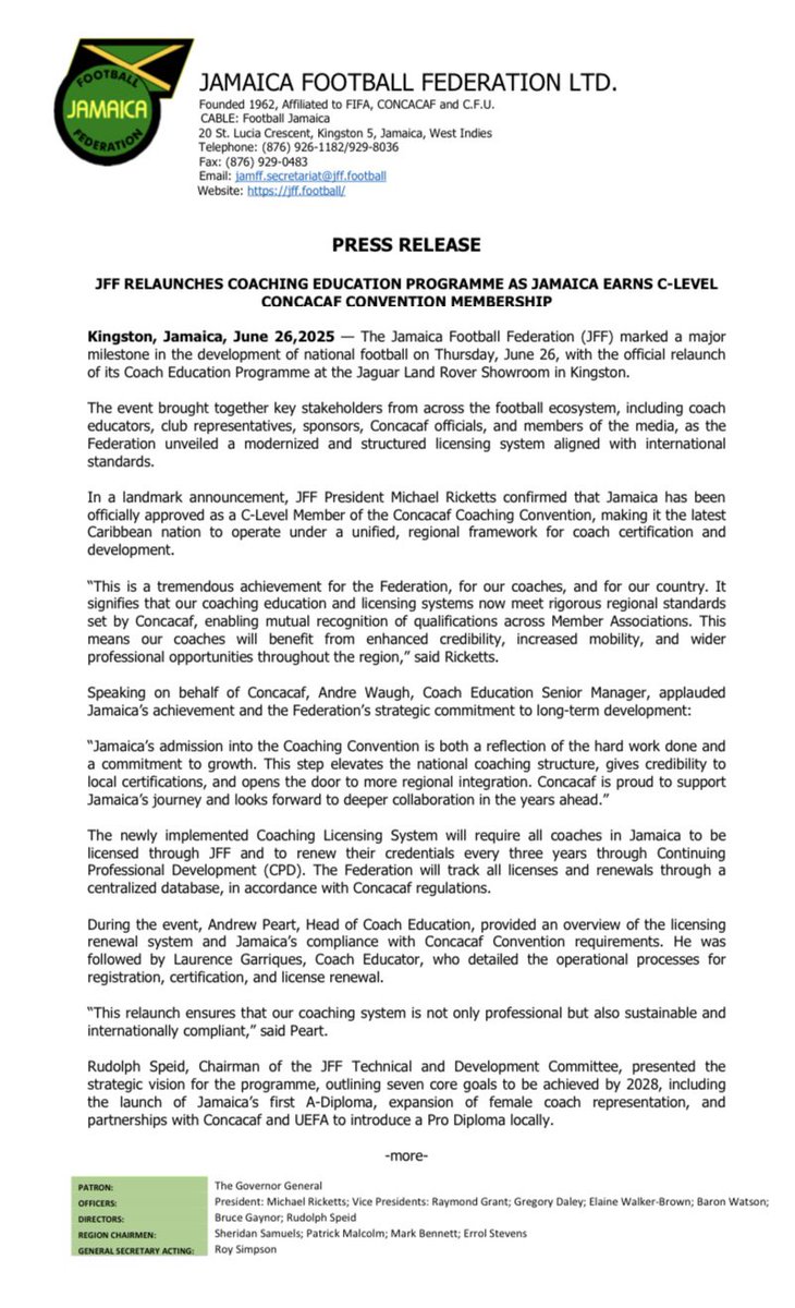 jff_football's tweet image. A New Era for Jamaican Coaching 🫡🇯🇲
The JFF has officially relaunched its Wray & Nephew Coaching Education Programme, marking a pivotal step forward as Jamaica earns C-Level Membership in the Concacaf Coaching Convention.
📍 Jaguar Land Rover Showroom