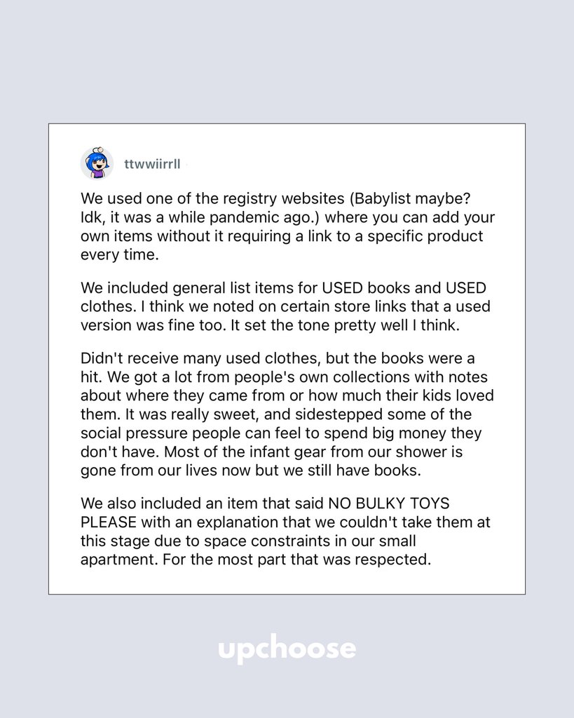 How do you balance making a registry and letting people buy you nice things, with trying to be environmentally/economically sustainable in preparing for baby?

If you’ve been through this, what worked for you? Or what would you tell someone figuring it out now?