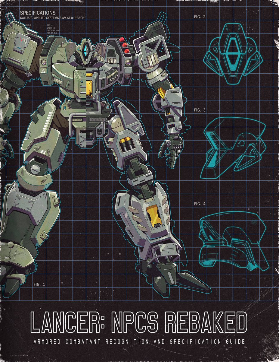 Had the pleasure of doing the cover art for Kai Tave's new Lancer release NPCs Rebaked. Had fun designing the kind of generic grunt you could imagine beating up Everests for their lunch money. Wish I got to design more MP style mecha like this more often.