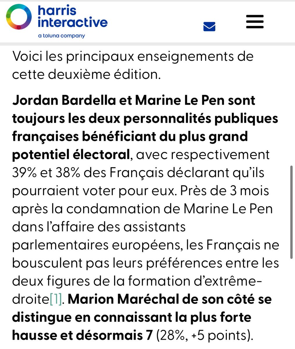 🔵Un solide potentiel électoral de 39 et 38% pour <a href="/J_Bardella/">Jordan Bardella</a> et <a href="/MLP_officiel/">Marine Le Pen</a>,
⚪️une progression inédite de +5 points pour <a href="/MarionMarechal/">Marion Maréchal</a> à 28%,
🔴la force du camp national uni est incroyable.

Continuons de rassembler, renforcer, élargir, pour bâtir la victoire.