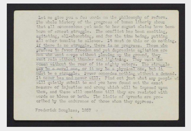 bond_papers's tweet photo. Julian Bond, kept a clutch of notecards excerpting passages from the thinkers/activists informing his work &amp; guiding his actions. Frederick Douglass was chief among them. Here is a screenshot of one card from the collection. 

https://t.co/bYm8ZmDkda https://t.co/DFBMG08DXP