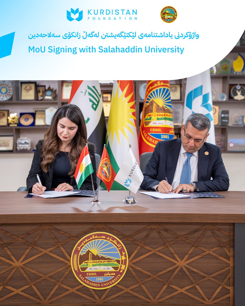 KrdFoundation's tweet photo. Kurdistan Foundation and Salahaddin University signed an MoU to enhance academic collaboration, internships, and volunteer engagement through JOBS KRD and Volunteer KRD, both operating under the Kurdistan Foundation umbrella. https://t.co/XLeFwdPAxw