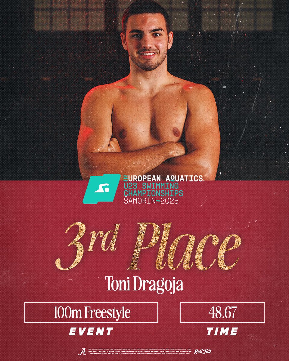 AlabamaSwimDive's tweet image. Bronze Medalist!! Toni Dragoja clocks a 48.67 for a third-place finish at the U23 European Championships🔥
#RollTide #BamaSpeed