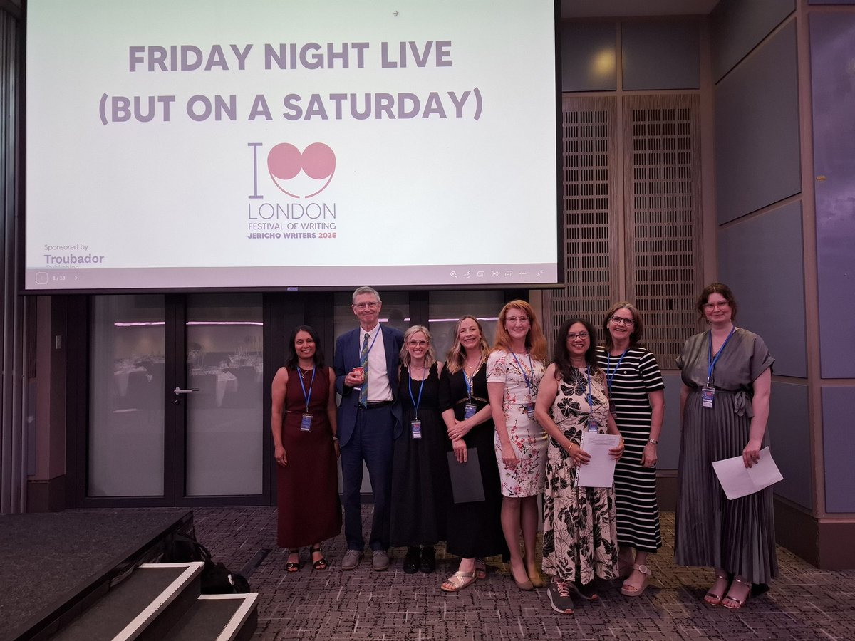 DebiAlper's tweet photo. The Magnificent Eight! The Friday Night Live finalists at #LFoW25. @JerichoWriters https://t.co/oFn1YLxflh