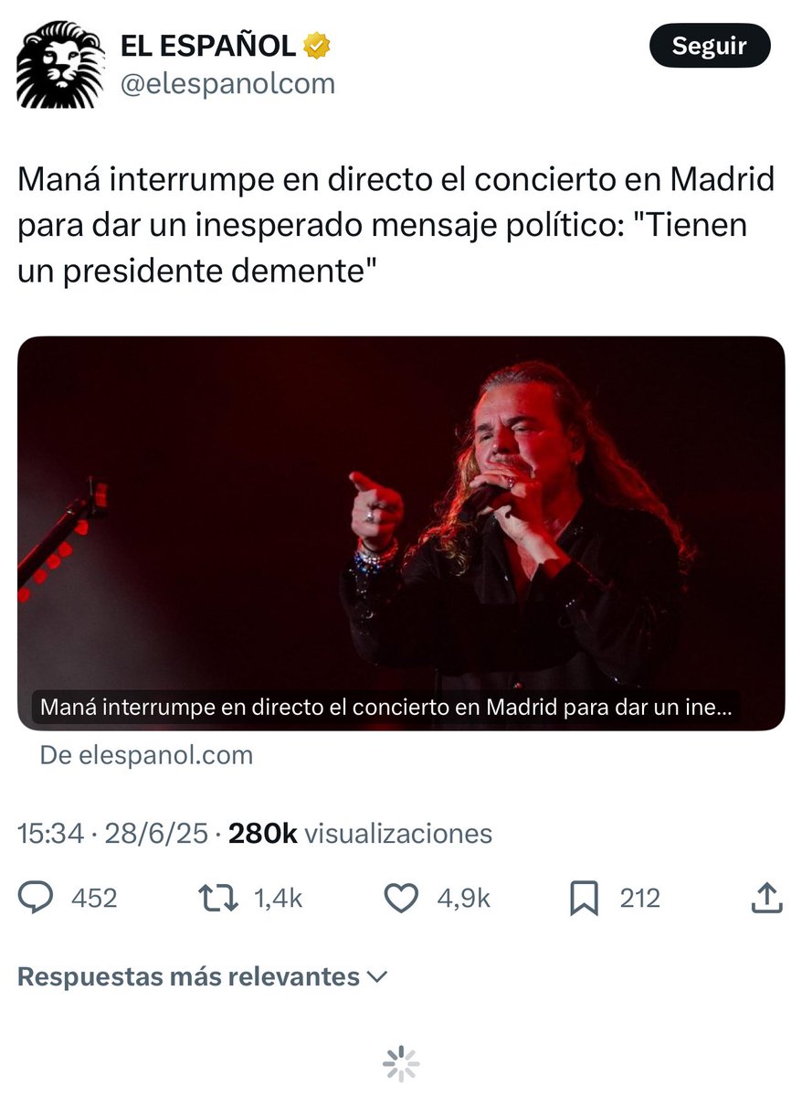 A El Español se le ha borrado este tuit en el que intentaban hacer pasar por una consigna contra Sánchez una frase sobre Trump del cantante de Maná. 

Menos mal que hay captura y todos podemos ver que son unos mercenarios manipuladores.