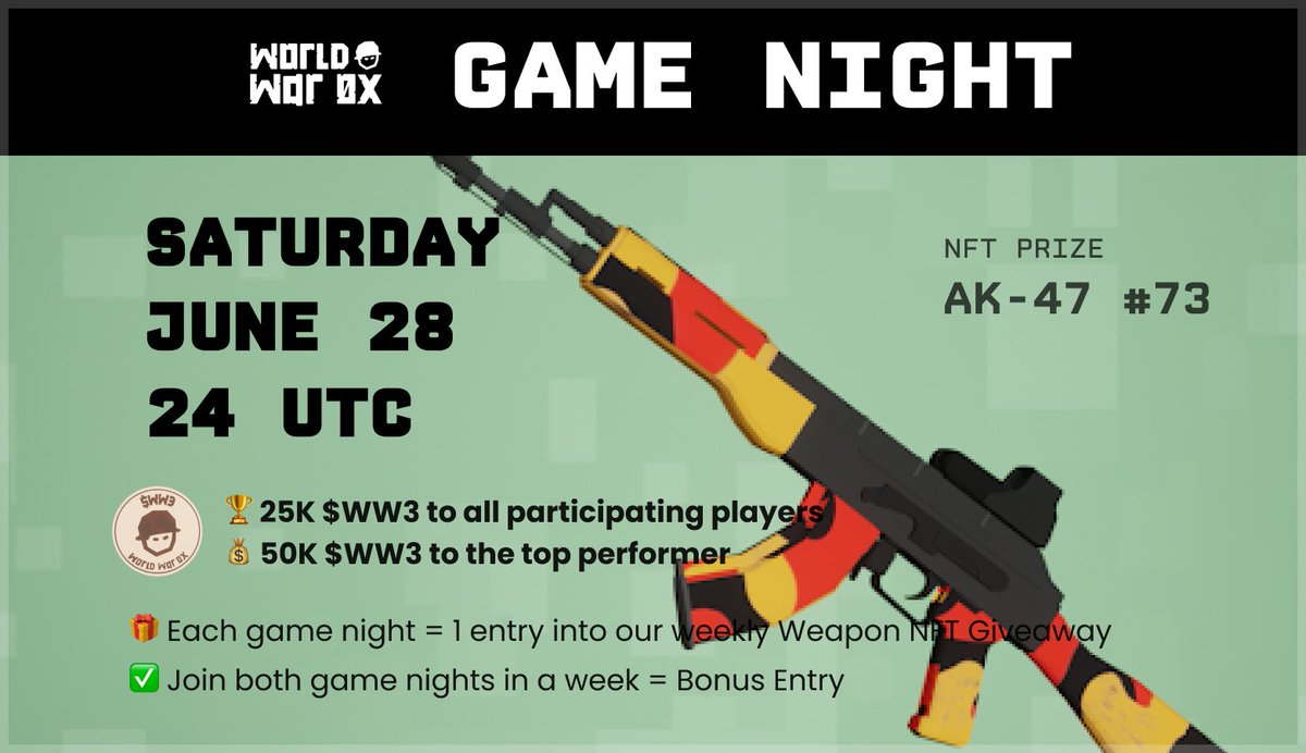 GAME NIGHT 🔫 Saturday, June 28 @ 24 UTC

• Game modes: WW3 Solo, Zombies, Elimination
• 🎁 NFT PRIZE: AK-47 #73
• 🏆 25K $WW3 for all participants
• 💰 50K $WW3 to the top performer
• 🎟️ Every game night = NFT giveaway entry
• ✅ Show up twice = Bonus Entry
Join the