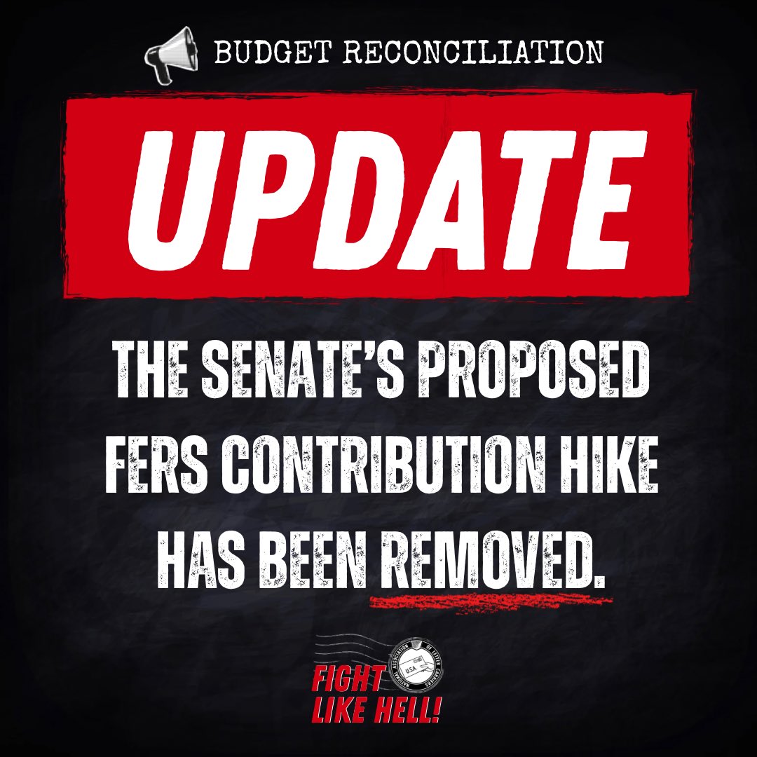 Updated text for the reconciliation bill revealed that the outrageous proposal to increase FERS contribution rates to 15.6% for future postal employees has been successfully removed. Once again, this is a direct result of action taken by NALC and our members.

“Thank you to every