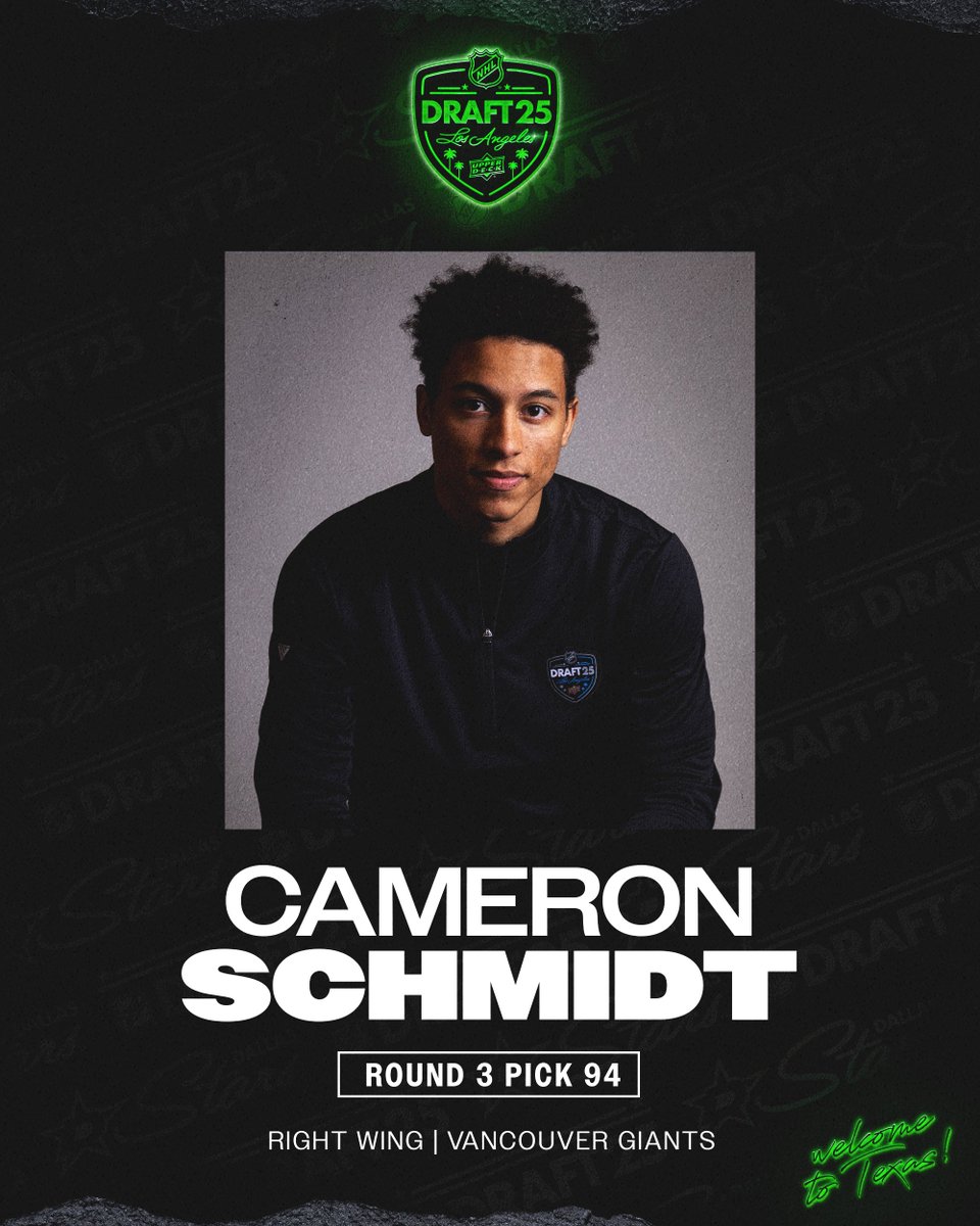 With the 94th pick in the #NHLDraft, we've selected Cameron Schmidt of the Vancouver Giants!

Welcome to #TexasHockey, Cameron Schmidt!