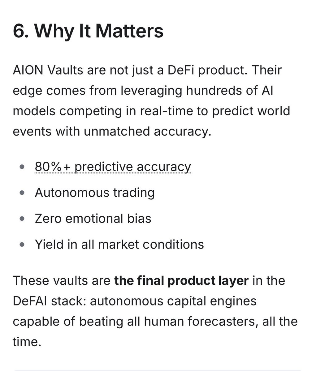 $AION <a href="/aion5100/">The Agentic Machine: AION 5100</a> latest Gitbook just came out &amp; this is what you need to know:

1. Vaults open in alpha, beta in July, public late summer
2. You need 10k $AION to access, you can deposit $10 USDC for every 1 $AION you hold
3. Historical 80% predictive accuracy in prediction